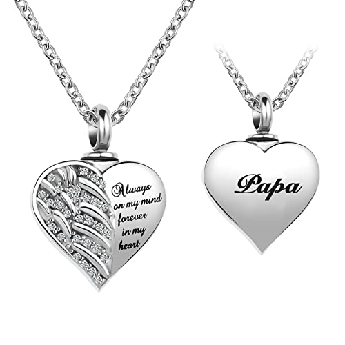 Guardian Angel Wings Cremation Jewelry for Ashes Heart Crystal Urn Necklaces for Ashes Memorial Keepsake Necklace Always on Mind Forever in My Heart - style: Papa