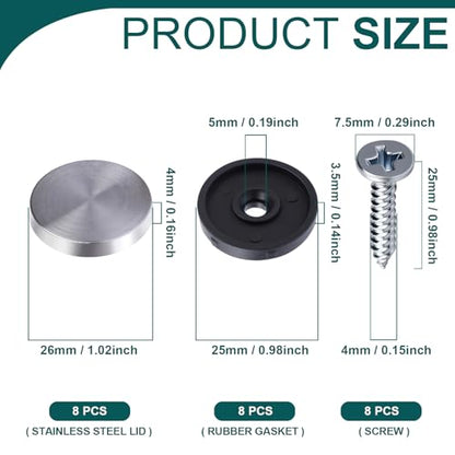8 Pcs Stainle Steel Screw Cover Caps 25mm | Polished Stainless Steel