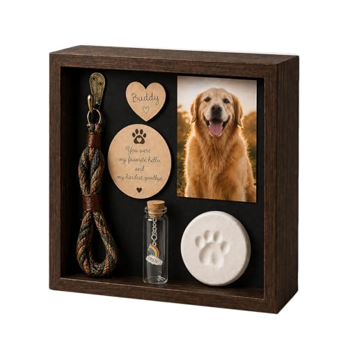 Pet Memorial Shadow Box, Rustic Solid Wood Keepsake Frame with Paw Print Kit, Fur Keepsake Jar & Collar Hook, Sympathy Gift for Dog & Cat Loss, Tabletop or Wall Display