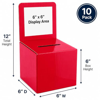Raffle Ticket Donation Collection Ballot Box Reusable Sturdy thick Cardboard with Slot comment Suggestion Box With Removable Header 6H x 6W x 6D, Display area 6H x 6W(Red 10 pack) - color: Red