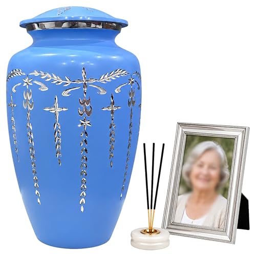 Urns Human Ashes Adult Male/Female,Creamation Urn for Human Ashes Adult Man/Women,200+ Cubic inch Capacity,Decorative Burial Urn, Funeral Cremation Urns_ 11x6.5 - Sky Blue - color: Sky Blue, size: Etched 11"H x 6.5"W