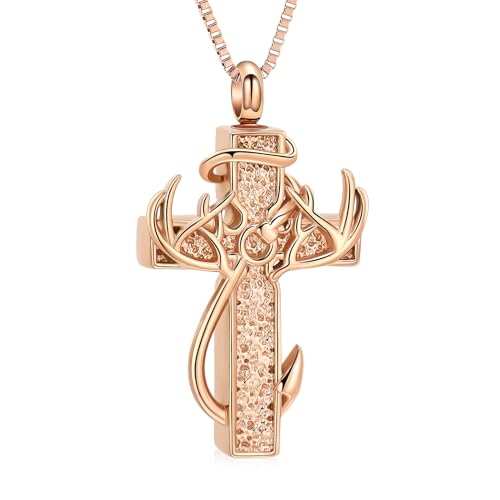 XSMZB Cross Cremation Jewelry Urn Necklace for Human Ashes Fish Hook Memorial Urn Pendant Deer Antler Cross Ashes Holder Keepsake Jewelry - color: Rose Gold