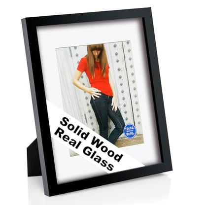 RPJC 11x14 Solid Wood Picture Frame Real Glass Cover Black - color: Black, size: 11x14 mat 8x10