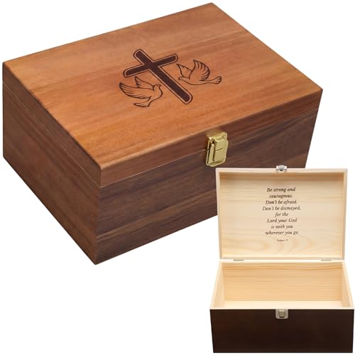 Leinuosen Christian Wooden Cross Keepsake Box 11x7.8x5.1 Inch Religious Memory Storage Box Baptism First Communion Christening Gifts Engraved Joshua 1: 9 Bible Verse for Confirmation Mementos Jewelry