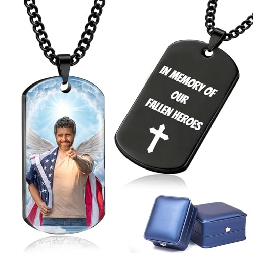 HJX Personalized Memorial Necklace for Loss of Loved One | Custom Photo Dog Tag Necklace, Forever in My Heart Engraved Pendant, Sympathy Gift for Men Women - color: 02-Color