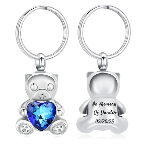Yinplsmemory Teddy Bear Cremation Jewelry Urn Keychain for Ashes for Women with Crystal Heart Urn Keepsake Pendant Key Ring - color: Customize