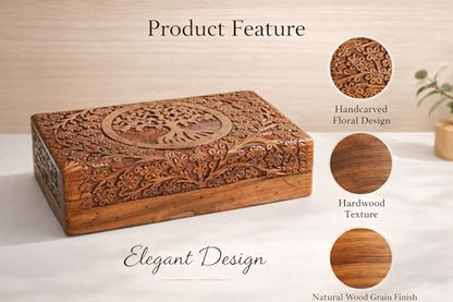 India House-Hand Engraved TREE OF LIFE Wooden Box Keepsake Jewelry Organizer &Storage (Design 13) - color: Design 13