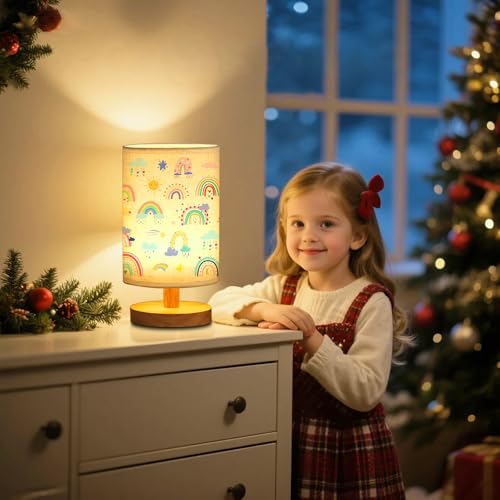 WSYEAR Rainbow Kids Table Lamp for Bedroom Kids Bedside Lamp with Linen Wooden Nightstand Cartoon Nursery Lampshade for Girls Boys Living Room - color: Rainbow