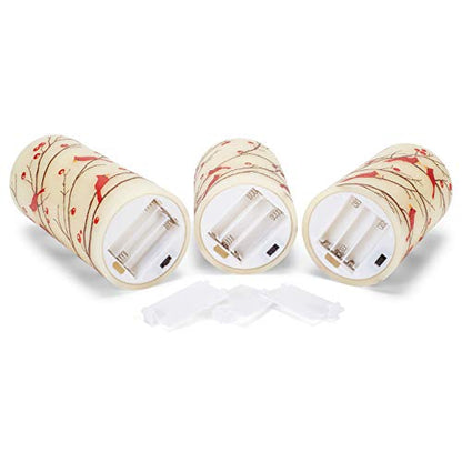 Mark Feldstein & Associates Flameless LED Glitter Berries and Cardinals Wax Pillar Candles with Timer, 3pc Set