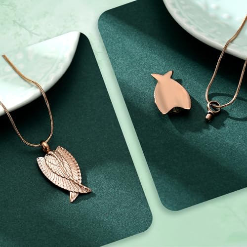 Angel Wings Cremation Jewelry Necklaces Stainless Steel Urn Necklaces for Ashes Memorial Keepsake Pendant for Women Men Gifts With Funnel Kit & Bag - color: RoseGold