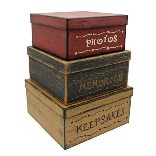 CVHOMEDECO. Primitive Vintage Square Photos, Memories, Keepsakes Cardboard Nesting Boxes, Large 11 X 11 X 5-1/2 Inch. Set of 3. - color: Photos, Memories, Keepsakes, size: 11" X 11" X 5-1/2"H