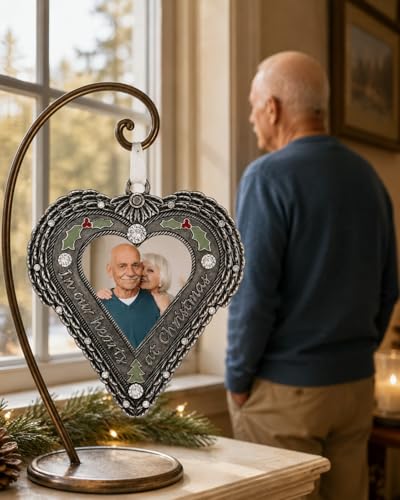 Memorial Christmas Ornament with Photo – in Our Hearts at Christmas Sympathy Ornament with Angel Wings, Holly & Berry Accents – Personalized Remembrance Gift for Loss of Loved One – 3.5" Heart