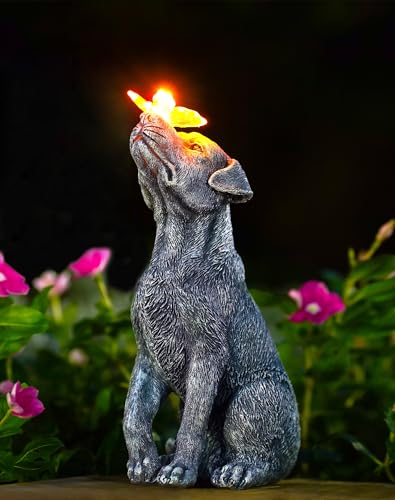 Goodeco Dog Statue with Solar Butterfly Garden Decor - color: Gray