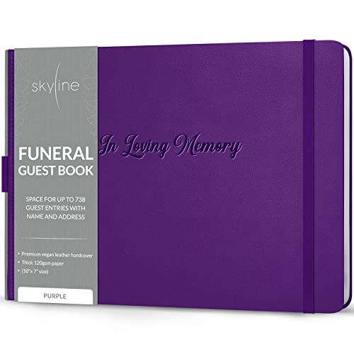 Skyline Funeral Guest Book, Sign In Name & Address, Hardcover Purple | 10”x7”, Elegant sign-in guestbook for memorial service & celebration of life with large signature space, Memory book - color: Purple, size: Smaller than A4 (10" x 7")