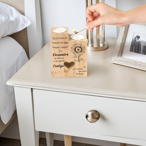 Zainpe Spanish Inspirational Candle Holders for Mum Women Grandma Daughter Friend Sister Bestie, Wooden Heart Double Sided Printing Candlestick Birthday Friendship Gifts - color: Inspirational