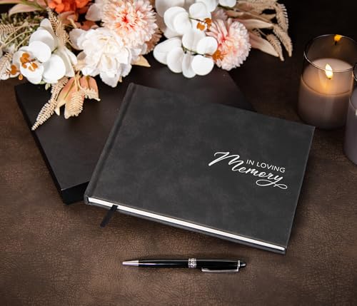 in Loving Memory Funeral Guestbook w/Pen & Box (Design 1) - 9.5 x 7 Black Hardcover with Sliver Embossing, 60 Lined Pages - Memorial Service & Celebration of Life Guest Book Keepsake - color: Design 1