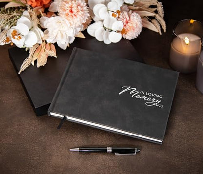 in Loving Memory Funeral Guestbook w/Pen & Box (Design 1) - 9.5 x 7 Black Hardcover with Sliver Embossing, 60 Lined Pages - Memorial Service & Celebration of Life Guest Book Keepsake - color: Design 1