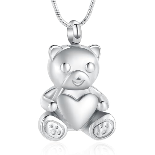 Cremation Jewelry - Teddy Bear Urn Necklace for Men Women with Mini Keepsake Urn Memorial Ash Jewelry - color: Silver