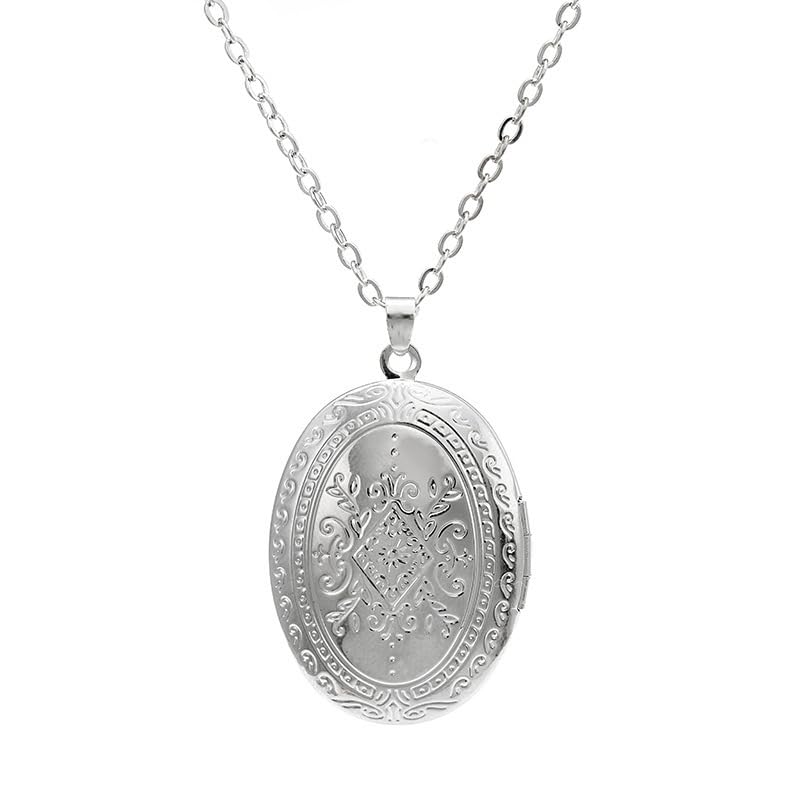 Locket Picture Pendant Heart Necklace,Retro Carved Flower Relief Pattern Oval Center Necklace Souvenir Memorial Clavicle Jewelry for Women - color: D silver oval