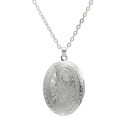 Locket Picture Pendant Heart Necklace,Retro Carved Flower Relief Pattern Oval Center Necklace Souvenir Memorial Clavicle Jewelry for Women - color: D silver oval