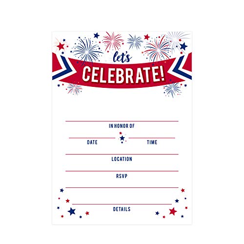 Canopy Street Patriotic Party Invitations / 25 American Event Invites / 5" x 7" Flat Invite Cards With White Envelopes/Red White And Blue Invites/Made In The USA - style: Fireworks