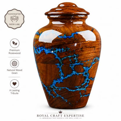 Handcrafted Rosewood Cremation Urn for Human Ashes – 50 Cubic Inches Funeral Memorial Urn for Adult Women & Men, Elegant Wooden Memorial Ashes Urn with Blue Resin Inlay, Funeral Urn for Loved Ones - size: STANDARD 50 Cu inch