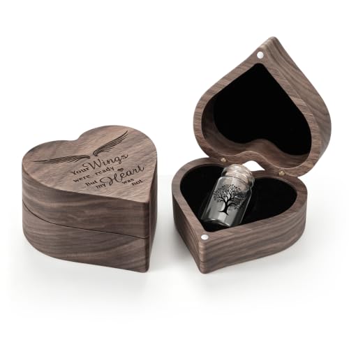 SOITIS Tiny Glass Urn with Wooden Heart Box Small Urns for Human Ashes Tree | Black Tree,Sharing Sized Urn,Engraving Wood Gift Box,Decorative Urn for Cremation Burial Home,Fits for Women Men,Velvet Bag - color: Black Tree