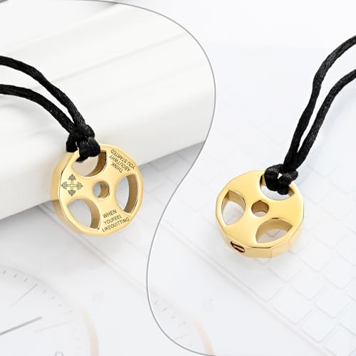 XSMZB Fitness Dumbbell Cremation Jewelry for Human Pet Stainless Steel Weight Plate Urn Necklace for Ashes Keepsake Pendant Urn Jewelry - color: Gold