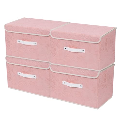 ANMINY Fabric Storage Box Bins with Lids, Rose Print, Pink, 4PCS Medium | Keepsake Memory Storage, Nonwoven Fabric, PP Board Frame, Washable, PU Handles, Foldable Stackable, Decorative, 13"x9"x7.9" - size: Medium (Pack of 4)