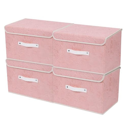 ANMINY Fabric Storage Box Bins with Lids, Rose Print, Pink, 4PCS Medium | Keepsake Memory Storage, Nonwoven Fabric, PP Board Frame, Washable, PU Handles, Foldable Stackable, Decorative, 13"x9"x7.9" - size: Medium (Pack of 4)