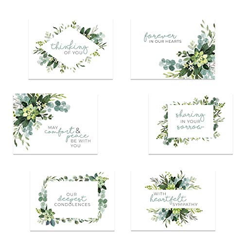 Canopy Street Lush Greenery Sympathy Cards / 24 Thinking Of You Cards With White Envelopes / 6 Modern Designs / 4 5/8" x 6 1/4" Elegant Floral Leaves Condolences Greeting Card Pack - color: Greenery Floral