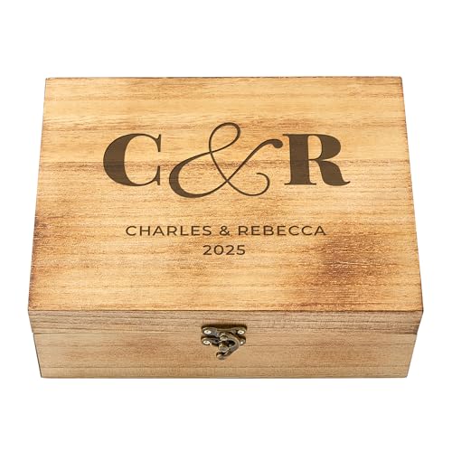Let's Make Memories Personalized Wooden Keepsake Box With Hinged Lid - Wood Memento Box - Decorative Storage - Home Decor - For Couples, Wedding, Newlyweds - Laser Engraved - Initials & Message - style: Initials & Message