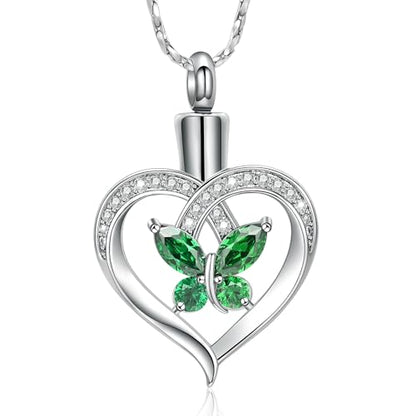 Imrsanl Butterfly Heart Pendant Cremation Urn Necklace for Women - color: Silver-Green