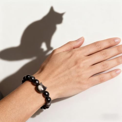 LINGYUAN Black Obsidian Cat Bracelet, Natural Stone Beaded Bracelet for Protection Luck and Energy Balance, Handmade Healing Crystal Jewelry Gift for Women and Men - color: cat face