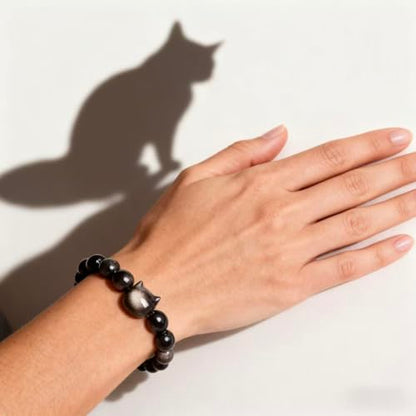 LINGYUAN Black Obsidian Cat Bracelet, Natural Stone Beaded Bracelet for Protection Luck and Energy Balance, Handmade Healing Crystal Jewelry Gift for Women and Men - color: cat face