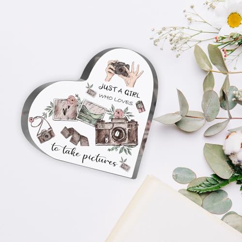 Photographers Gifts for Women, Photo Lovers Birthday Gifts, Camera Themed Paperweight Friendships Gifts for Besties, Desk Table Decor for Girls, Just a Girl Who Loves Acrylic Sign - style: Just a girl like to take pictures