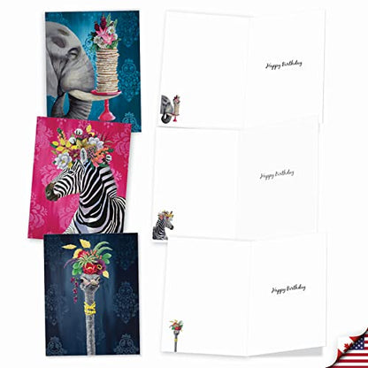The Best Card Company 20 Assorted Birthday Notes Box Set 4 x 5.12 Inch with Envelopes (10 Designs, 2 Each) Fancy Wildlife AM3364BDG-B2x10 - style: Fancy Wildlife