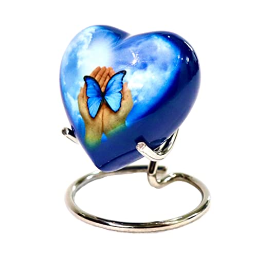 Blue Butterfly Small Love Heart Urn for Human Ashes Remains - Funeral Gift Set of Mini Heart Urn - Display Stand - Velvet Carry Bag - A Paper Funnel - Magnetic Closure Gift Box - color: Blue Butterfly in Hand-heart