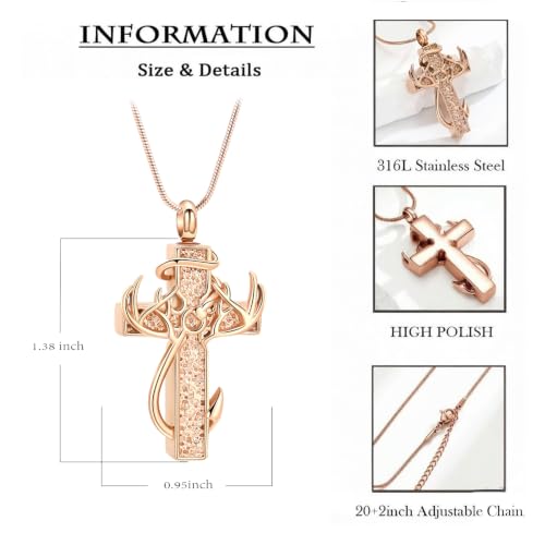 zeqingjw Cross Urn Necklace Fish Hook Cremation Jewelry for Ashes Pendant Stainless Steel Deer Antler Cross Memorial Human Pet Keepsake Ashes Holder for Men Women - color: Rose Gold Cross