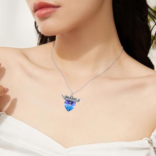 SOULMEET Memorial Wings Necklace for Ashes with Large Heart Crystal Birthstone, Angel Wings Urn Necklaces with Heart Shaped Birthstone Keepsake Silver Cremation Jewelry - style: B-February