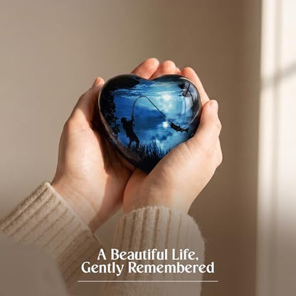 Gone Fishing Heart Urn for Human Ashes Adult Male Female - Small Keepsake Heart Shaped Cremation Urn for Dad, Men - Blue Decorative Memorial Urn with Stand, Velvet Bag and Funnel - size: Small Heart