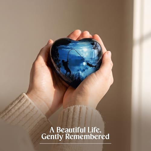 Gone Fishing Heart Urn for Human Ashes Adult Male Female - Small Keepsake Heart Shaped Cremation Urn for Dad, Men - Blue Decorative Memorial Urn with Stand, Velvet Bag and Funnel - size: Small Heart