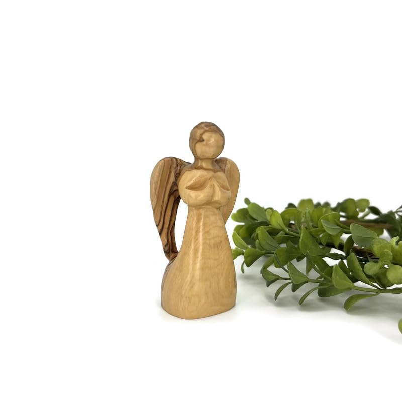 Praying Angel Figurine, Olive Wood Guardian Angel Figurine Handmade in the Holy Land, Angel Decorations for Home, Encouragement Present, Angel for Sympathy Gift, Remembrance Angel Statue