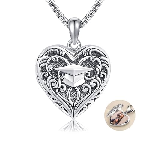 Personalized Heart Locket Necklace 925 Sterling Silver That Holds Pictures Photo Keep Someone Near to You Custom Lockets Necklaces Letters Engraving for His Her - style: Bachelor Cap