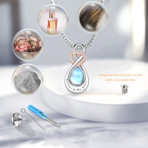 Infinity Urn Necklace for Ashes Sterling Silver Heart Moonstone Turquoise Birthstone Keepsake Memorial Cremation Jewelry for Women - style: Infinity A-06-Jun.-Moonstone