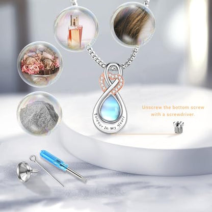 Infinity Urn Necklace for Ashes Sterling Silver Heart Moonstone Turquoise Birthstone Keepsake Memorial Cremation Jewelry for Women - style: Infinity A-06-Jun.-Moonstone