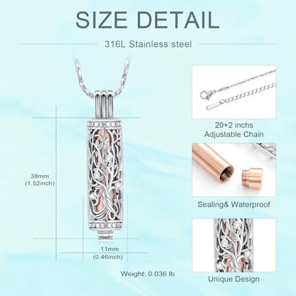 Tree of Life Urn Necklace for Women Men Cylinder Bar Memorial Ash Pendant | Tree of Life Cremation Jewelry,Stainless Steel Keepsakes Necklaces,Vial Ashes Pendant - color: Silver-Rose