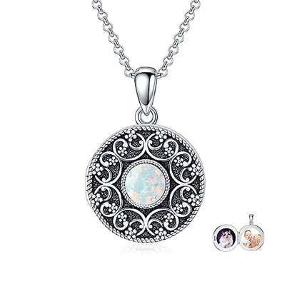 Round Locket Necklace 925 Sterling Silver Filigree/Flower Locket Necklace That Holds Pictures Birthday Christmas Jewelry Gifts for Women - color: 04-White Opal Locket