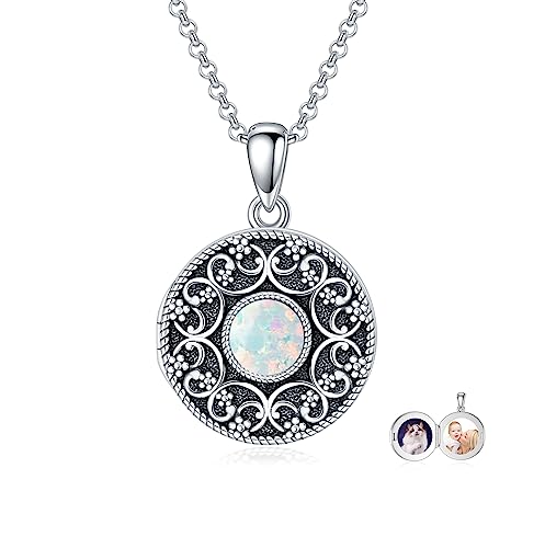 Round Locket Necklace 925 Sterling Silver Filigree/Flower Locket Necklace That Holds Pictures Birthday Christmas Jewelry Gifts for Women - color: 04-White Opal Locket
