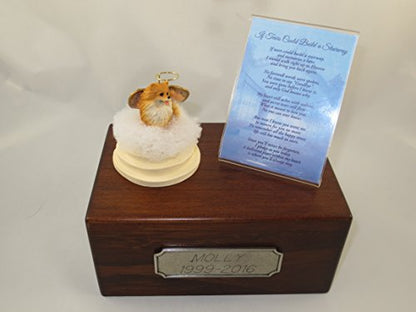 Beautiful Paulownia Small Wooden Urn with Red Pomeranian Stairway to Heaven Figurine with Poem & Personalized Pewter Engraving - color: Red Pomeranian Angel "If Tears Could Build a Stairway"